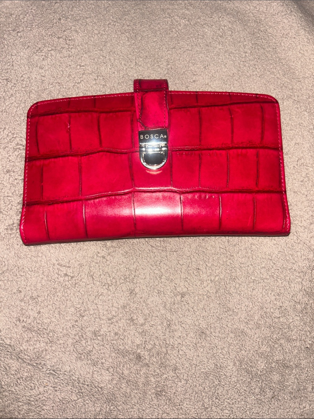 Bosca Bright Red Croc-Embossed Leather Wallet Clutch